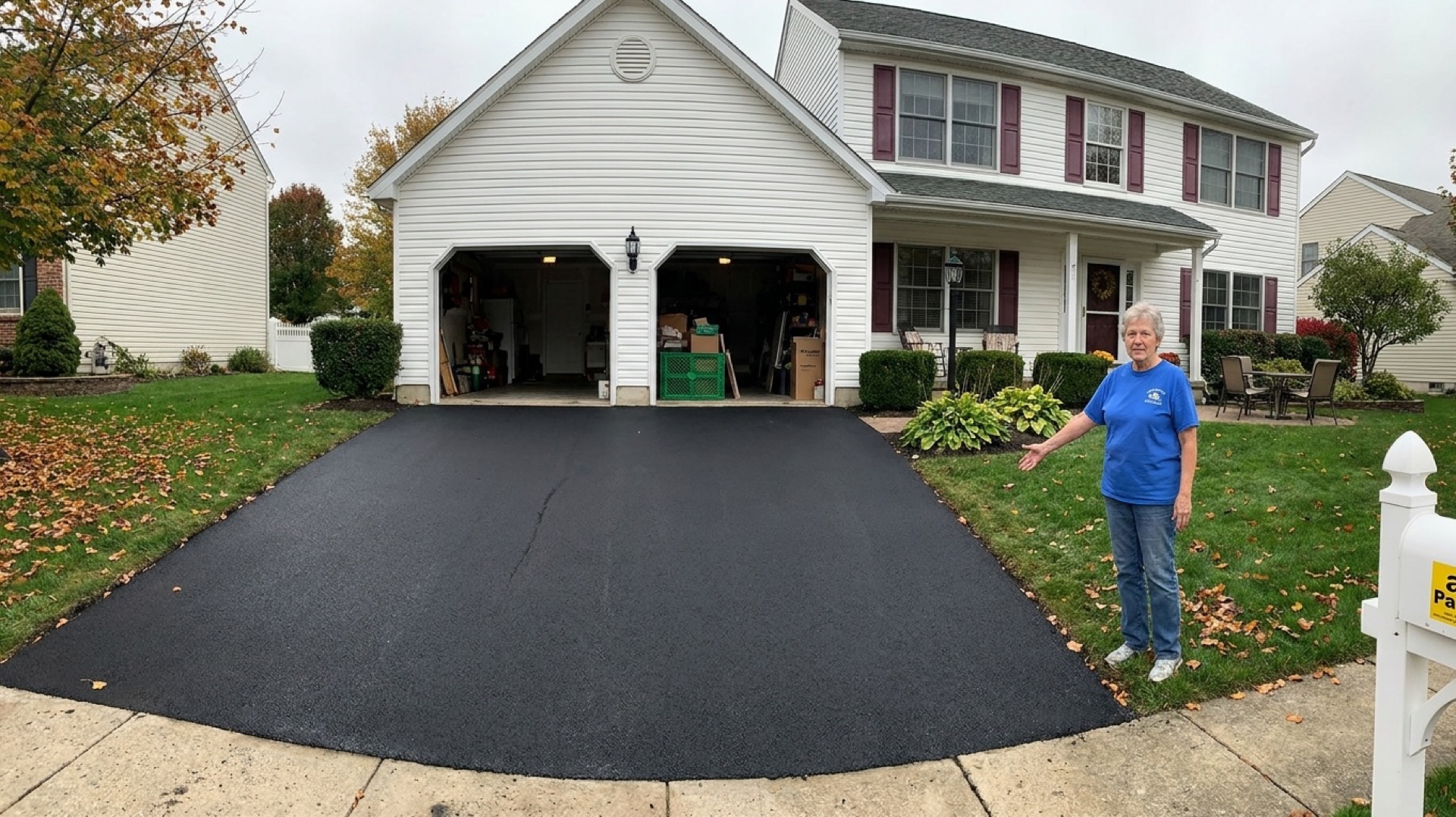 Affordable asphalt paving result — a homeowner standing beside her newly paved driveway in Northern Virginia