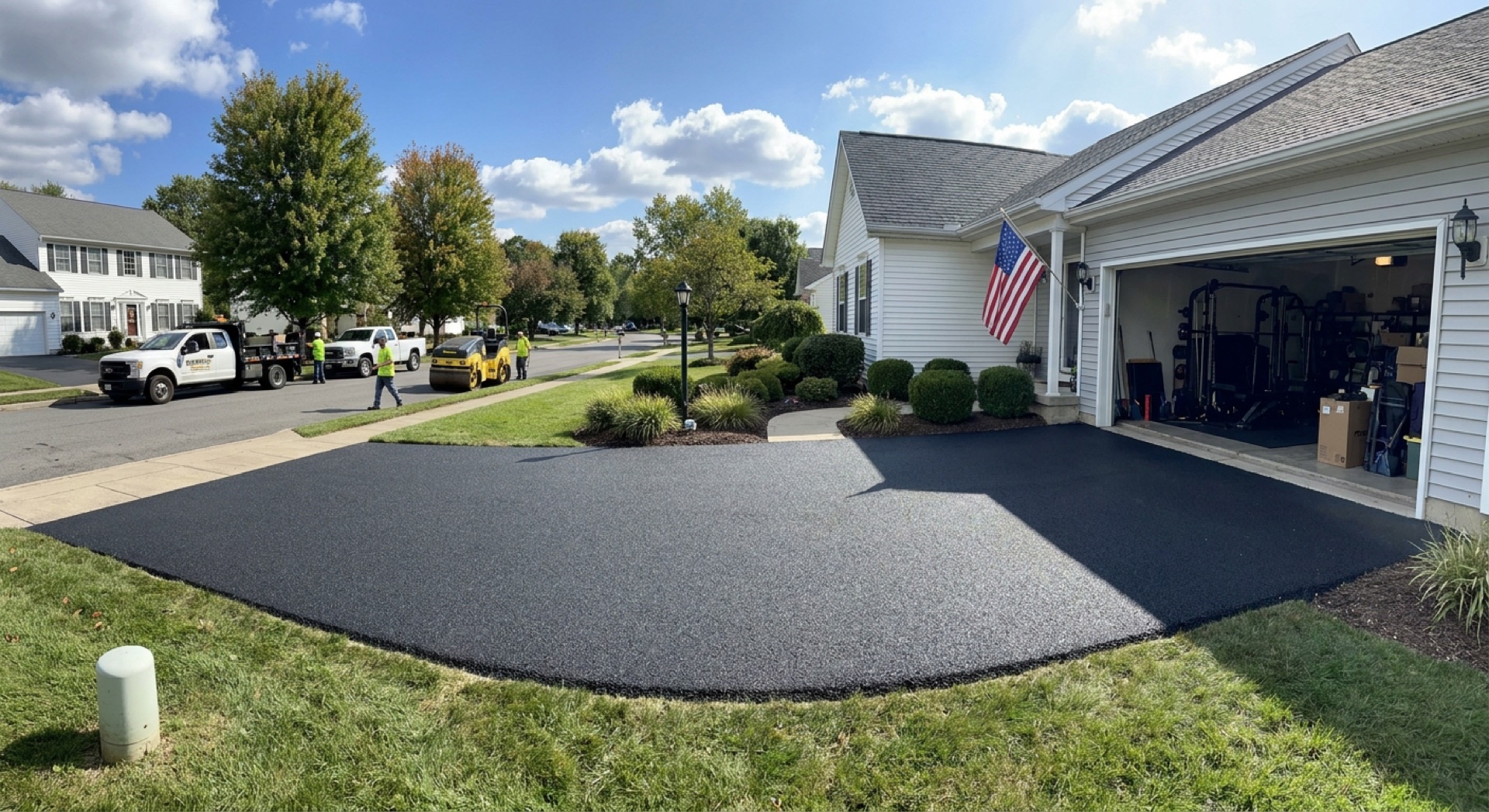 Asphalt driveway installation crew and paving equipment finishing a new residential driveway in Northern Virginia