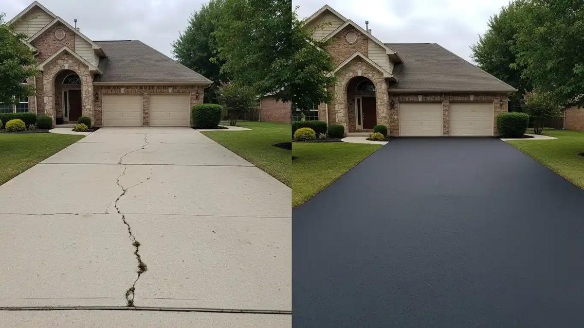 Asphalt over concrete driveway result — a side-by-side before and after of a cracked concrete driveway resurfaced with new asphalt