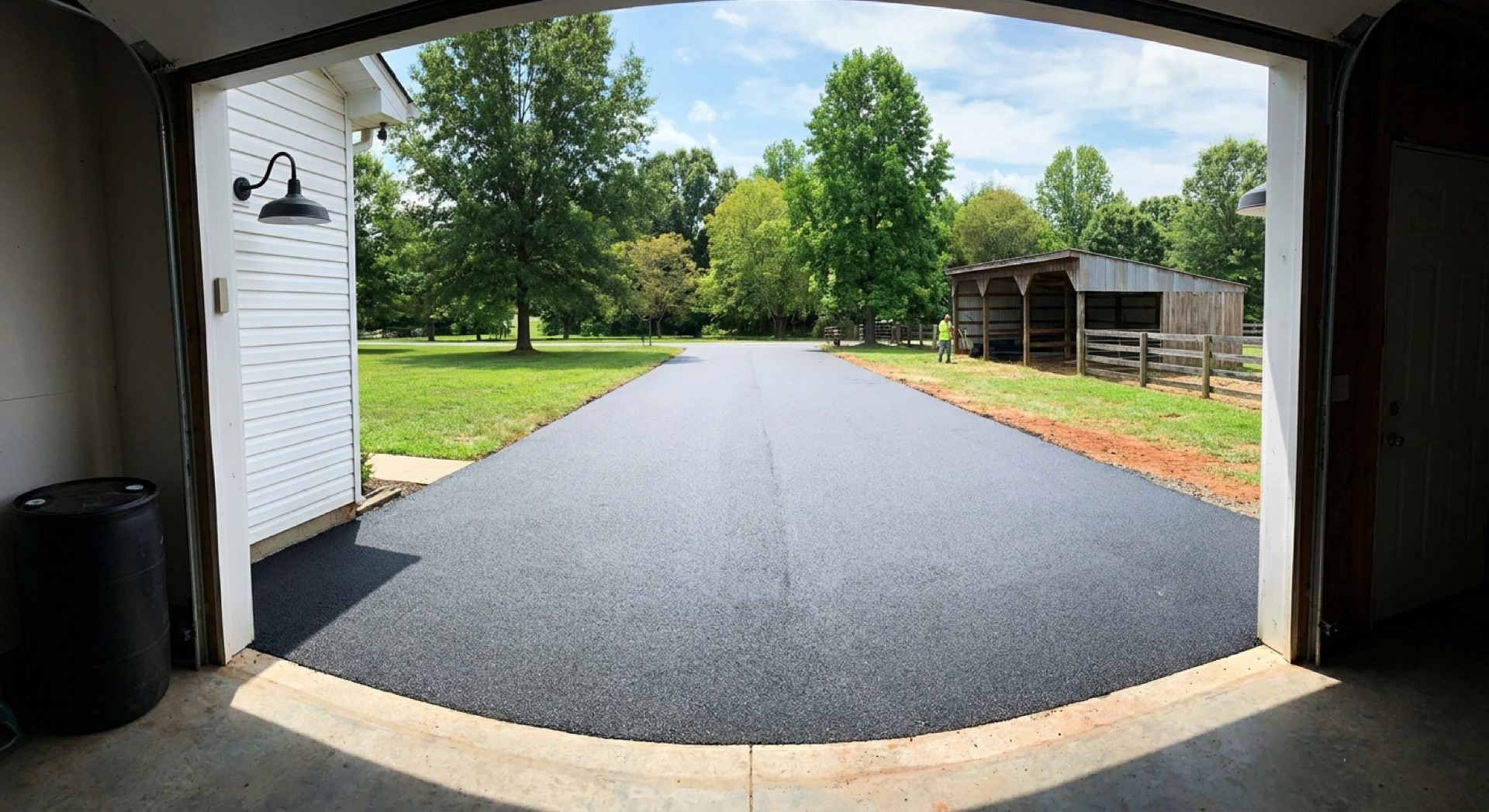 Blacktop replacement completed on a residential driveway, viewed from the garage toward the new smooth asphalt surface