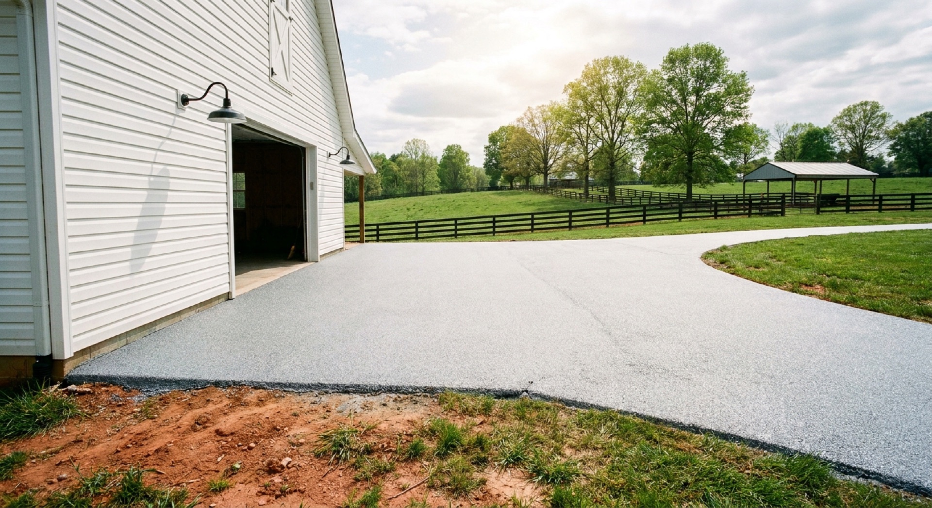 Driveway replacement in McLean, VA — a newly installed asphalt driveway curving up to a garage, completed by McLean Asphalt