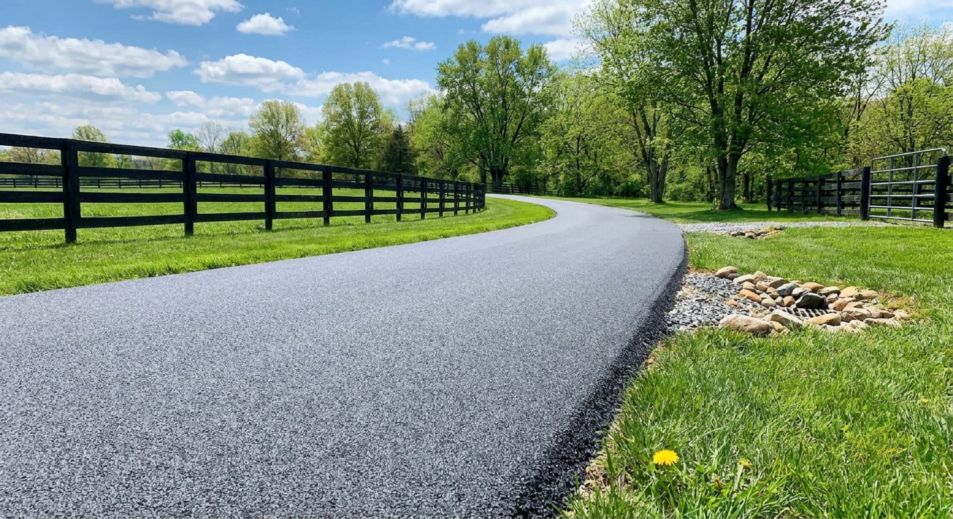 Long driveway finished with a fresh blacktop overlay